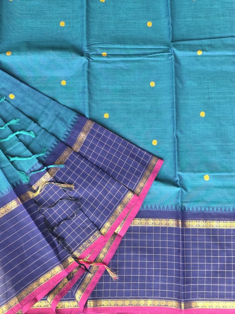 Chettinad Saree in Teal with Blue Checkered Border | Ruthratcham Motifs