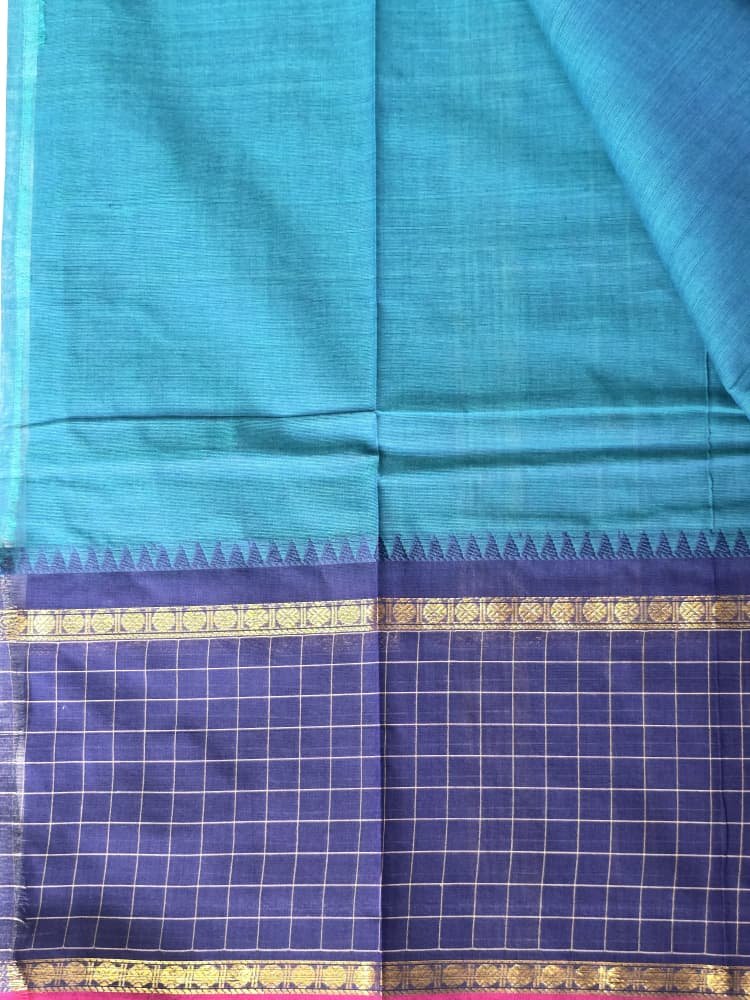 Chettinad Saree in Teal with Blue Checkered Border | Ruthratcham Motifs - Image 2