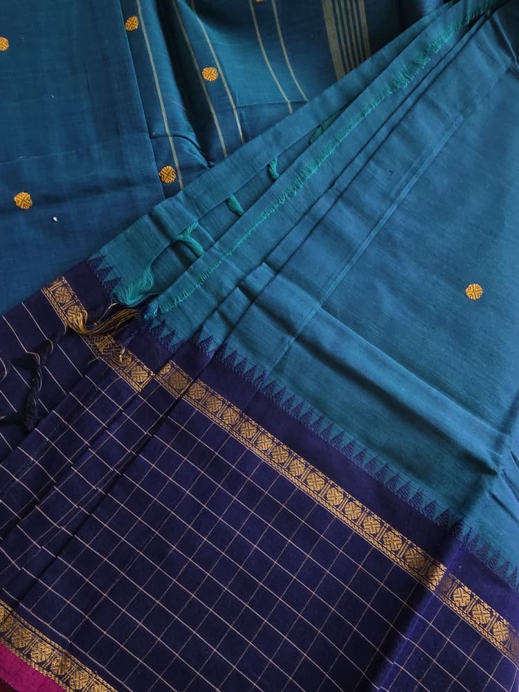 Chettinad Saree in Teal with Blue Checkered Border | Ruthratcham Motifs - Image 5