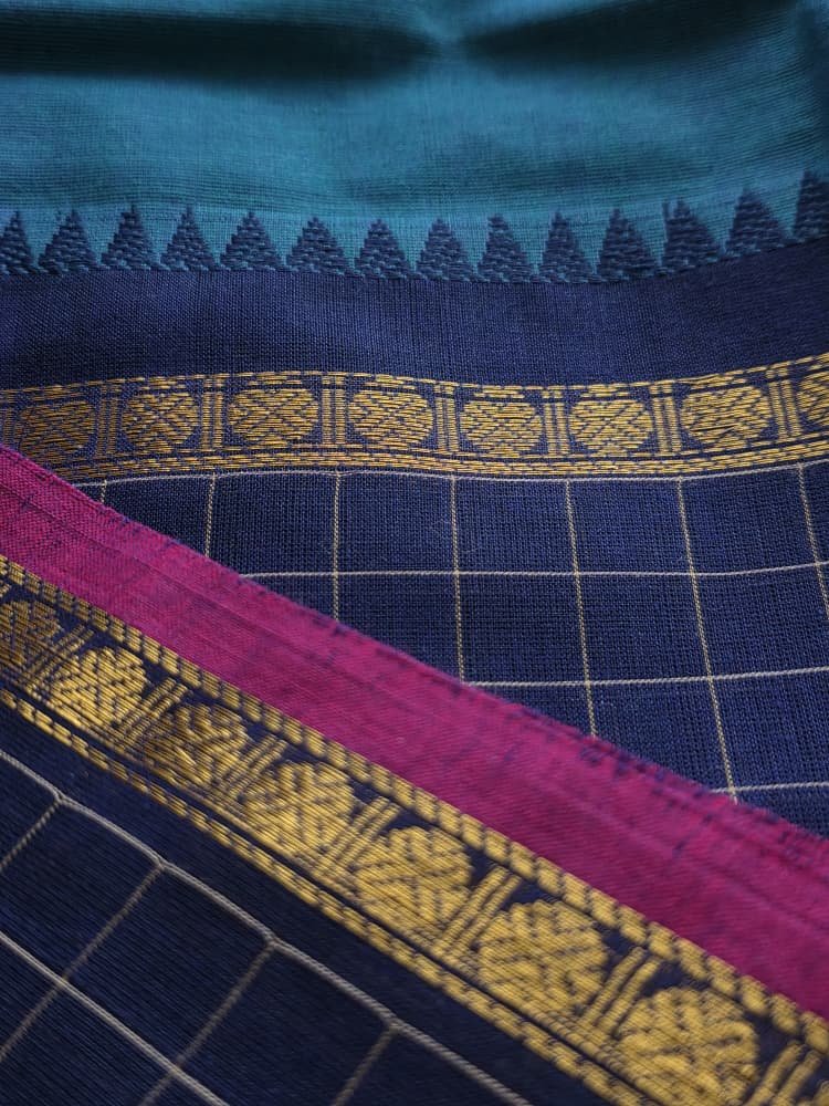 Chettinad Saree in Teal with Blue Checkered Border | Ruthratcham Motifs - Image 6