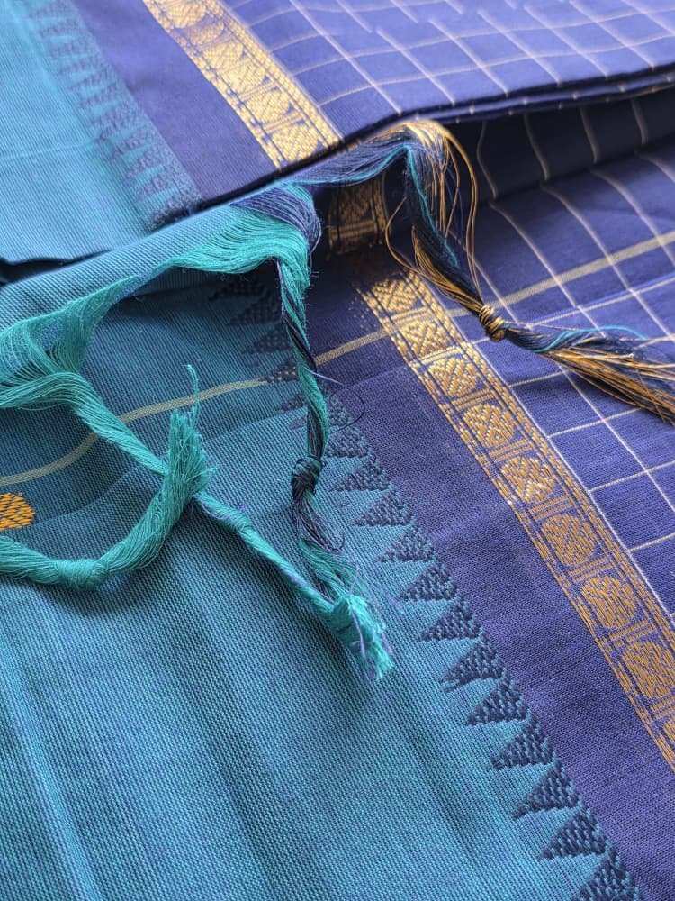 Chettinad Saree in Teal with Blue Checkered Border | Ruthratcham Motifs - Image 9