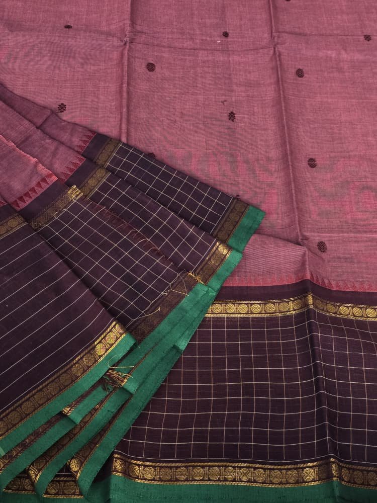 Chettinad Saree in Purple with Maroon Border | Ruthratcham Motifs