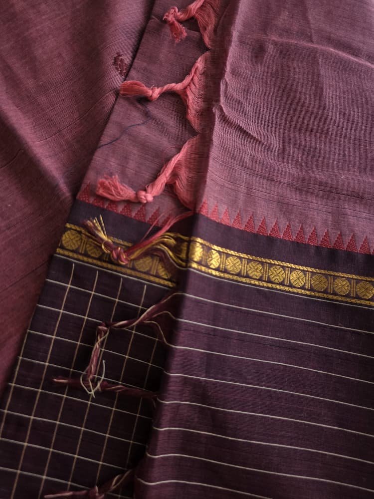 Chettinad Saree in Purple with Maroon Border | Ruthratcham Motifs - Image 5