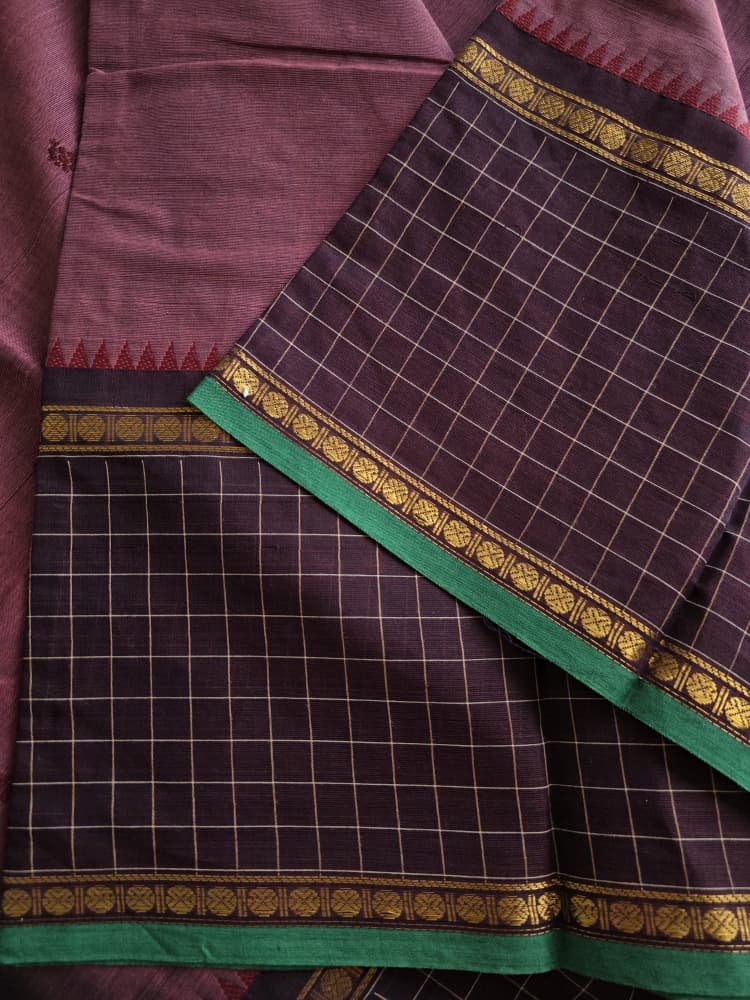 Chettinad Saree in Purple with Maroon Border | Ruthratcham Motifs - Image 6