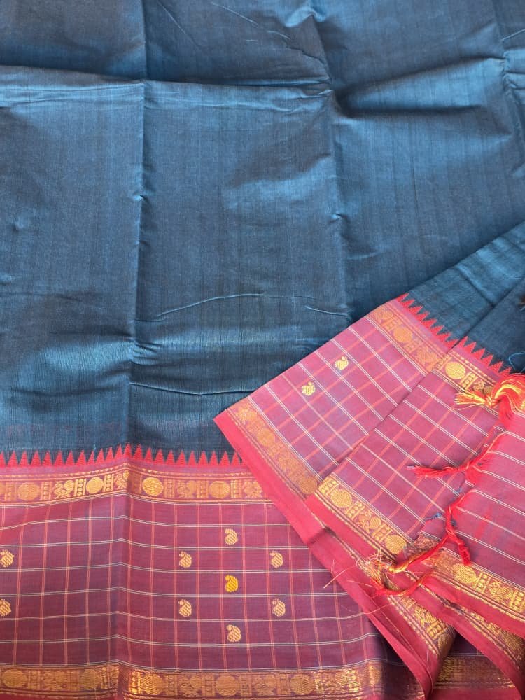 Chettinad Saree in Blue with Pink Border | Mango, Ruthratcham & Peacock Motifs