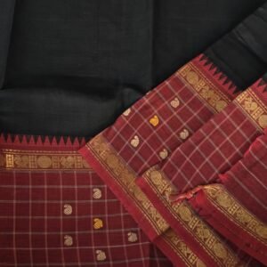 Chettinad Cotton Saree in Black with Maroon Border | Mango & Ruthratcham Motifs