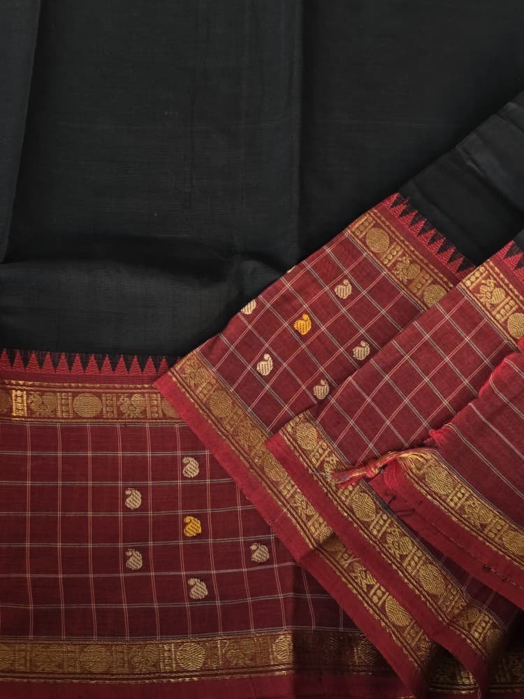 Chettinad Cotton Saree in Black with Maroon Border | Mango & Ruthratcham Motifs