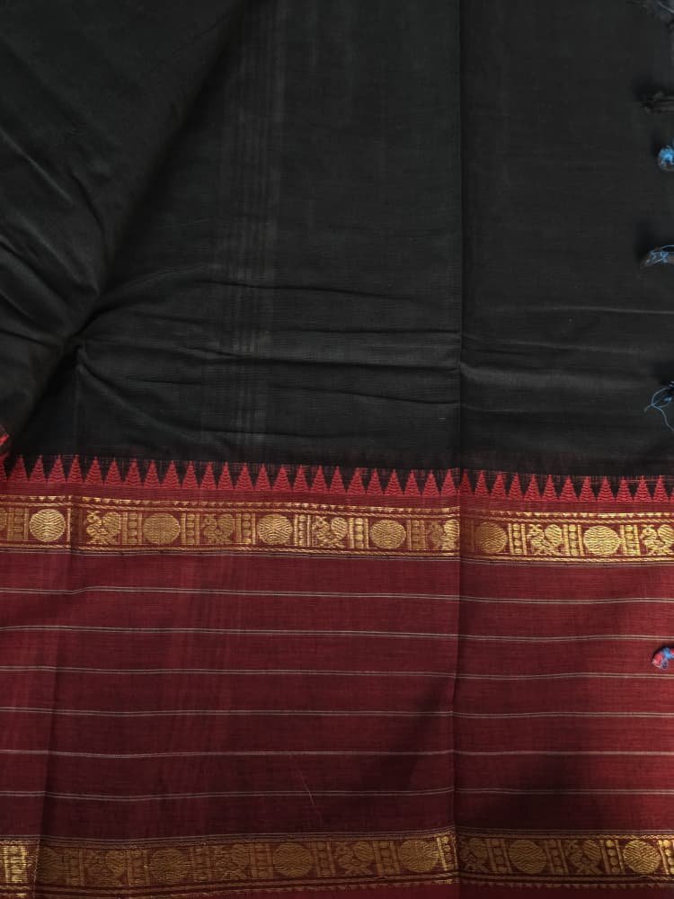Chettinad Cotton Saree in Black with Maroon Border | Mango & Ruthratcham Motifs - Image 2