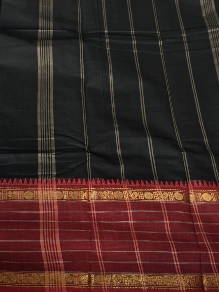 Chettinad Cotton Saree in Black with Maroon Border | Mango & Ruthratcham Motifs - Image 3