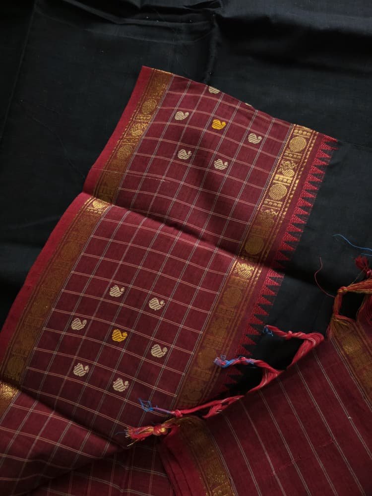 Chettinad Cotton Saree in Black with Maroon Border | Mango & Ruthratcham Motifs - Image 4