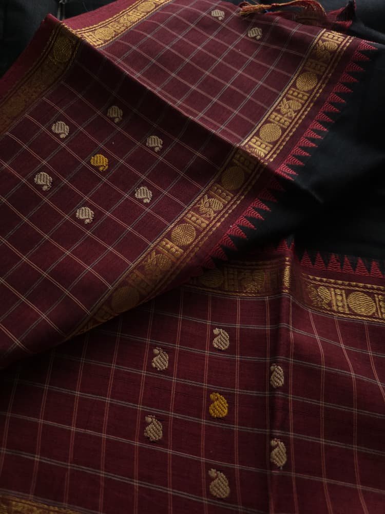 Chettinad Cotton Saree in Black with Maroon Border | Mango & Ruthratcham Motifs - Image 5