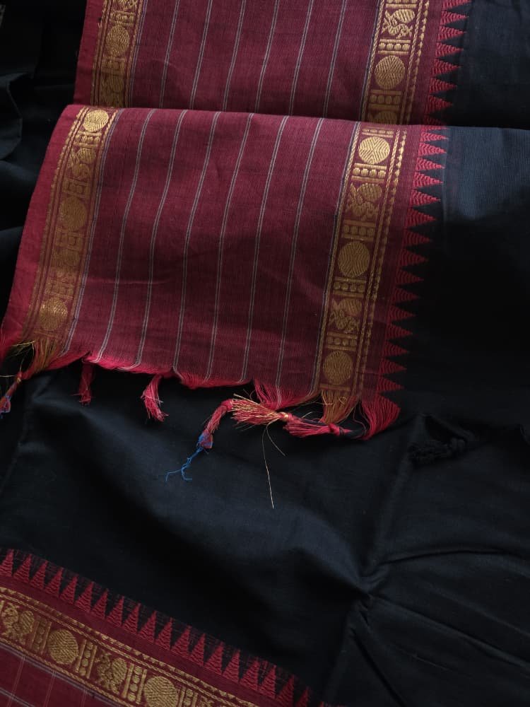Chettinad Cotton Saree in Black with Maroon Border | Mango & Ruthratcham Motifs - Image 6