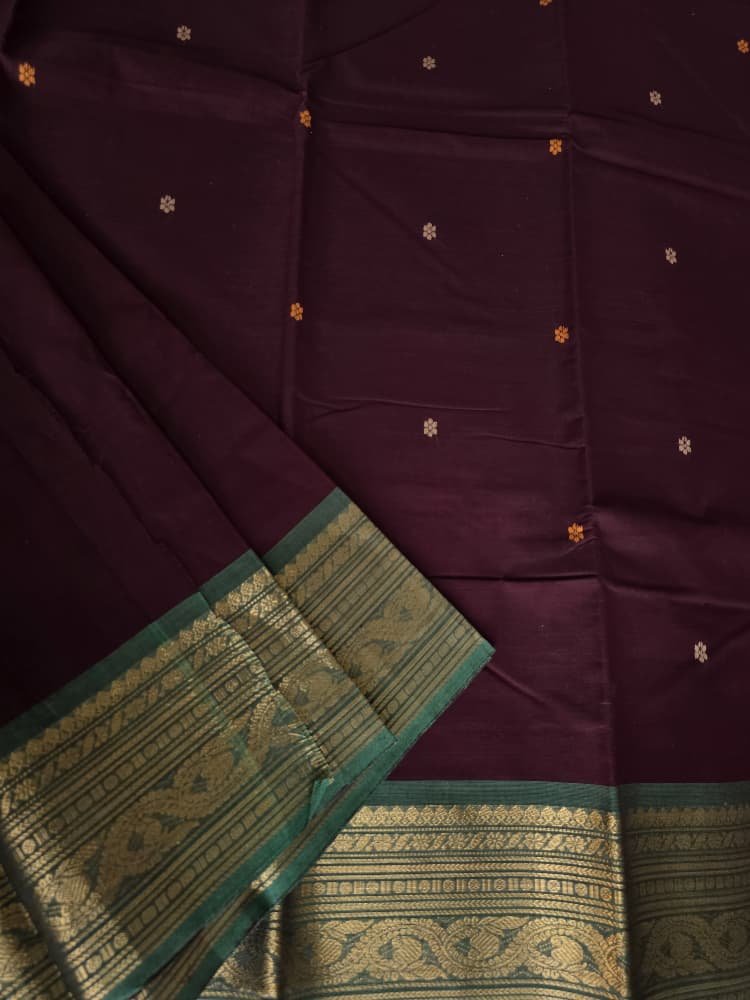 Chettinad Saree in Wine with Green Border | Floral Motifs