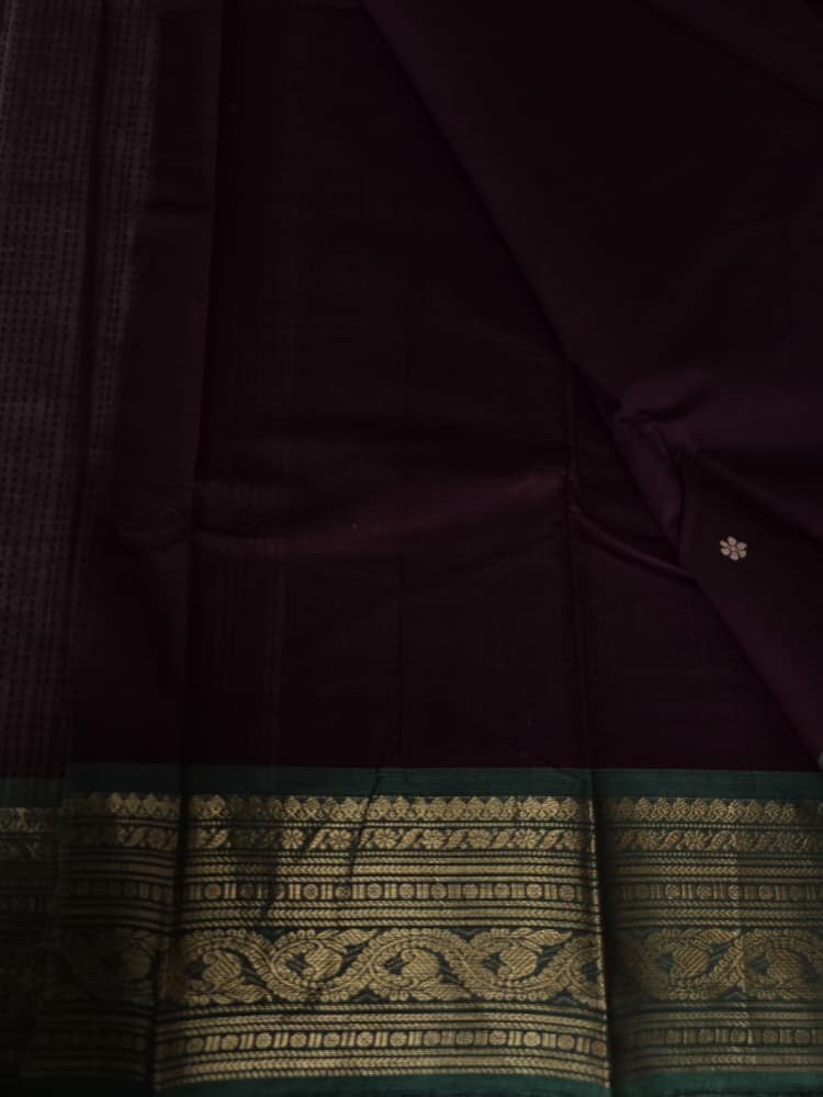 Chettinad Saree in Wine with Green Border | Floral Motifs - Image 2