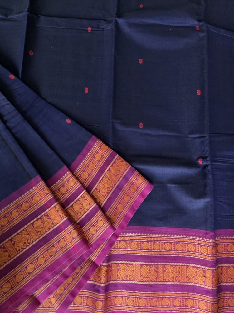 Chettinad Cotton Saree in Navy Blue with Magenta Border | Annapakshi Motifs