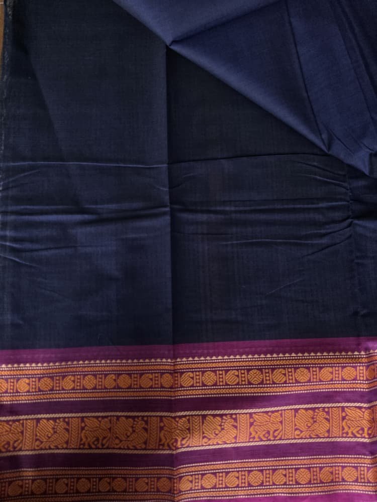 Chettinad Cotton Saree in Navy Blue with Magenta Border | Annapakshi Motifs - Image 2