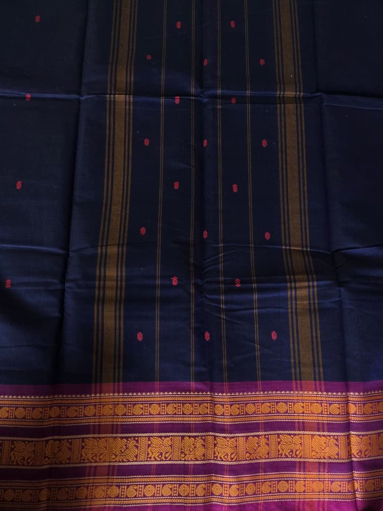 Chettinad Cotton Saree in Navy Blue with Magenta Border | Annapakshi Motifs - Image 3