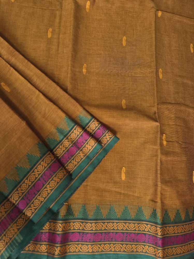Chettinad Cotton Saree in Mustard with Green Border | Temple Motifs