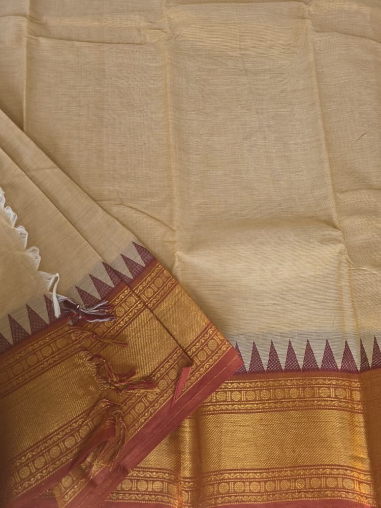 Chettinad Cotton Saree in Beige with Crimson Border | Temple Motifs - Image 4