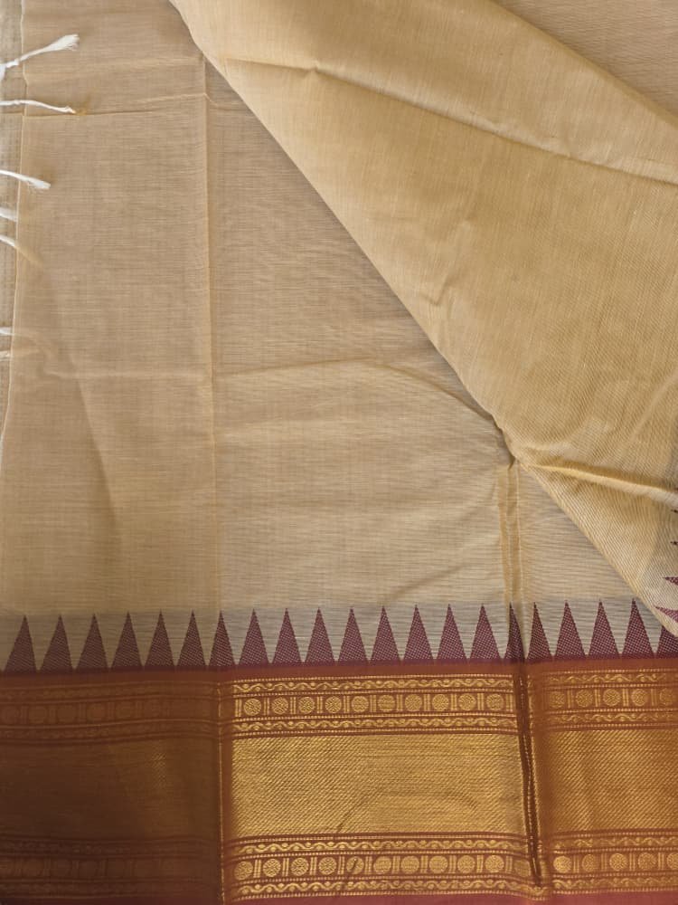 Chettinad Cotton Saree in Beige with Crimson Border | Temple Motifs - Image 3