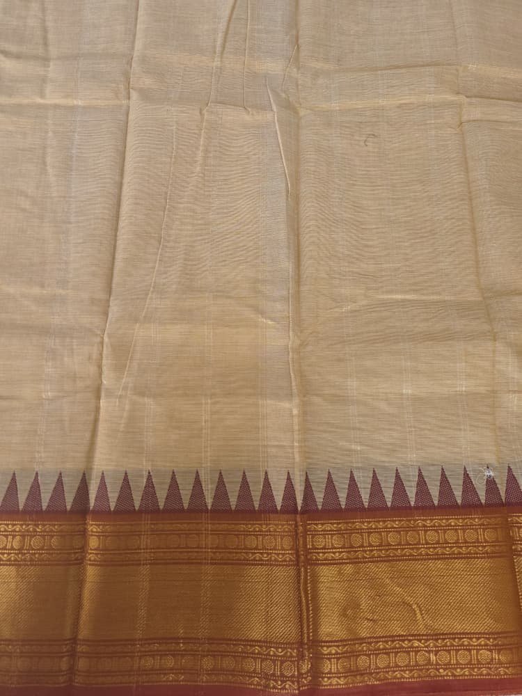 Chettinad Cotton Saree in Beige with Crimson Border | Temple Motifs - Image 2
