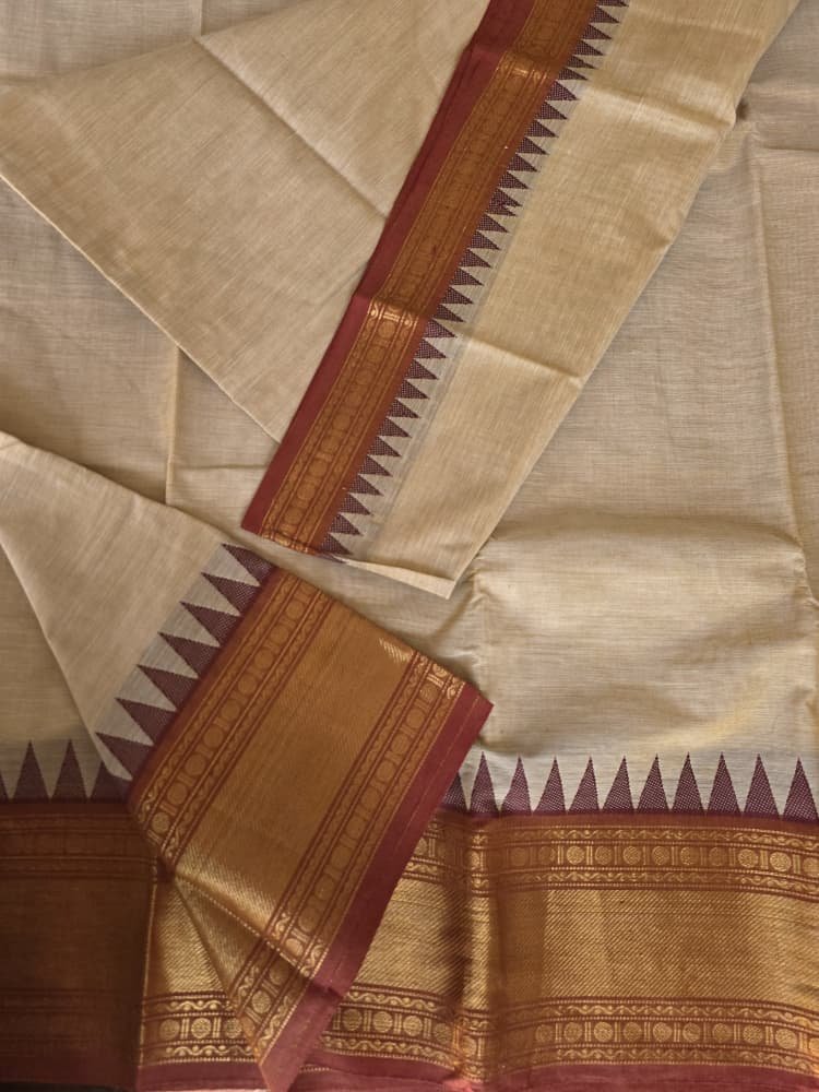 Chettinad Cotton Saree in Beige with Crimson Border | Temple Motifs