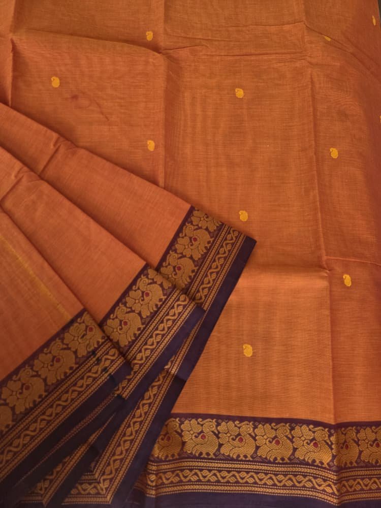Chettinad Cotton Saree in Orange with Purple Border | Peacock Motifs