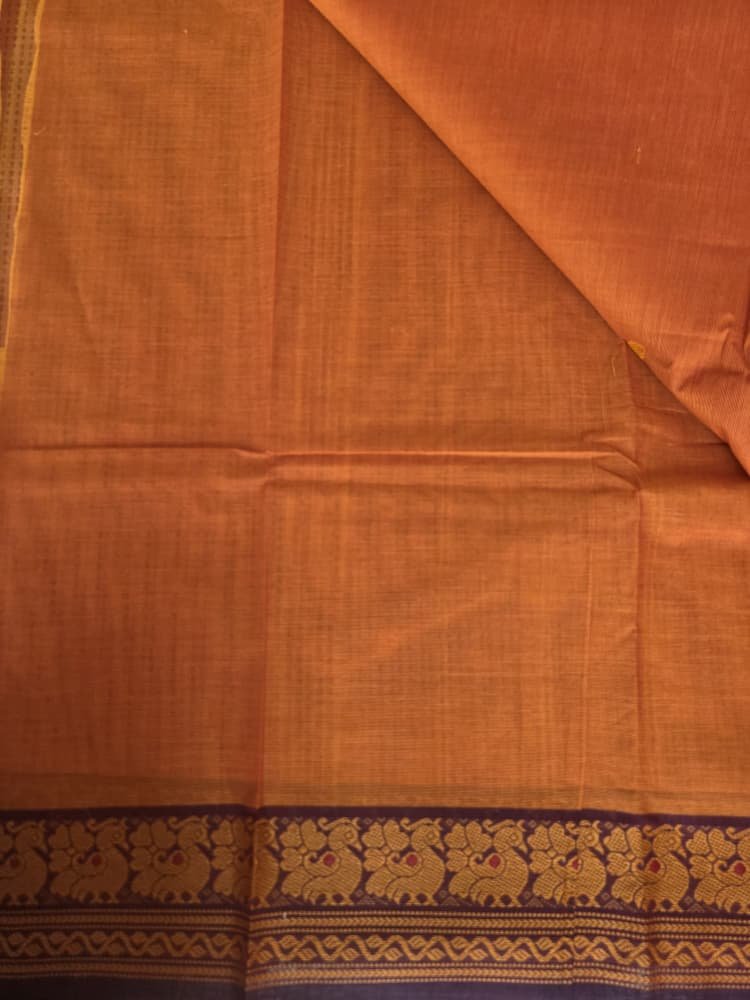 Chettinad Cotton Saree in Orange with Purple Border | Peacock Motifs - Image 3