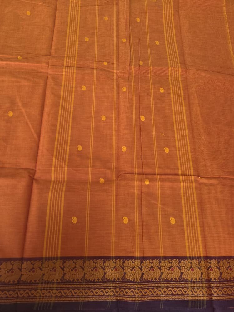 Chettinad Cotton Saree in Orange with Purple Border | Peacock Motifs - Image 2