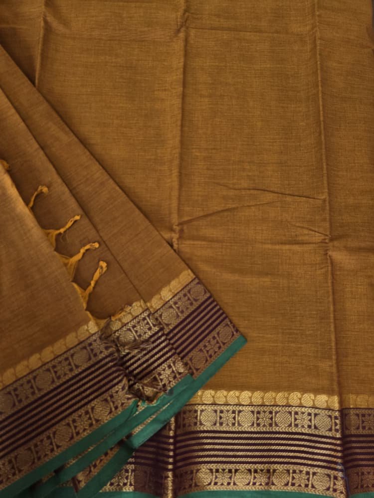 Chettinad Cotton Saree in Mustard with Gold Border | Timeless Motifs
