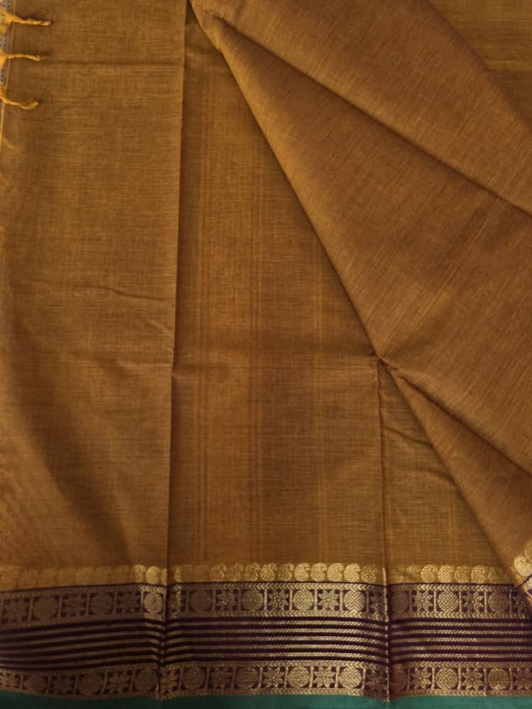 Chettinad Cotton Saree in Mustard with Gold Border | Timeless Motifs - Image 3
