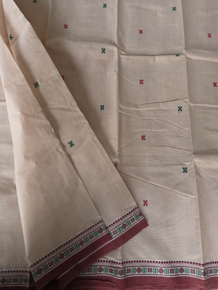 Chettinad Cotton Saree in Cream with Crimson Border | Micro-Butta Motifs
