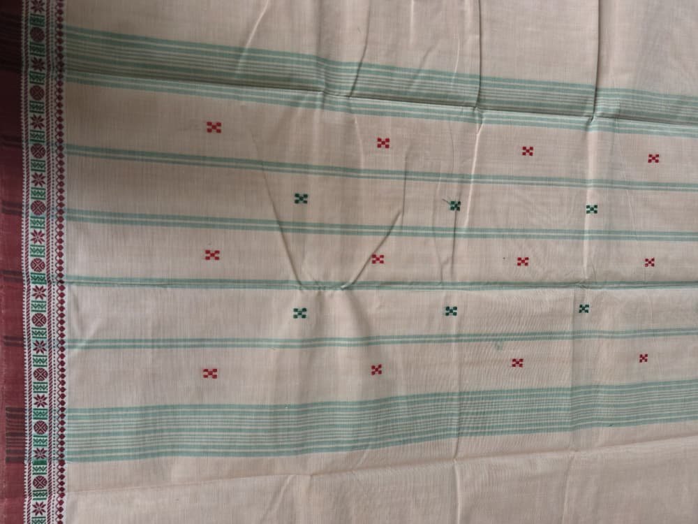 Chettinad Cotton Saree in Cream with Crimson Border | Micro-Butta Motifs - Image 3