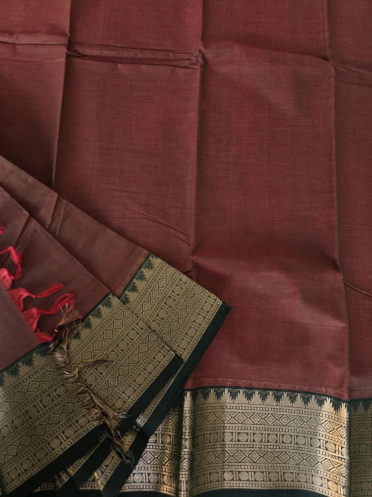 Chettinad Cotton Saree in Brick Maroon with Green Border | Gopuram Motifs