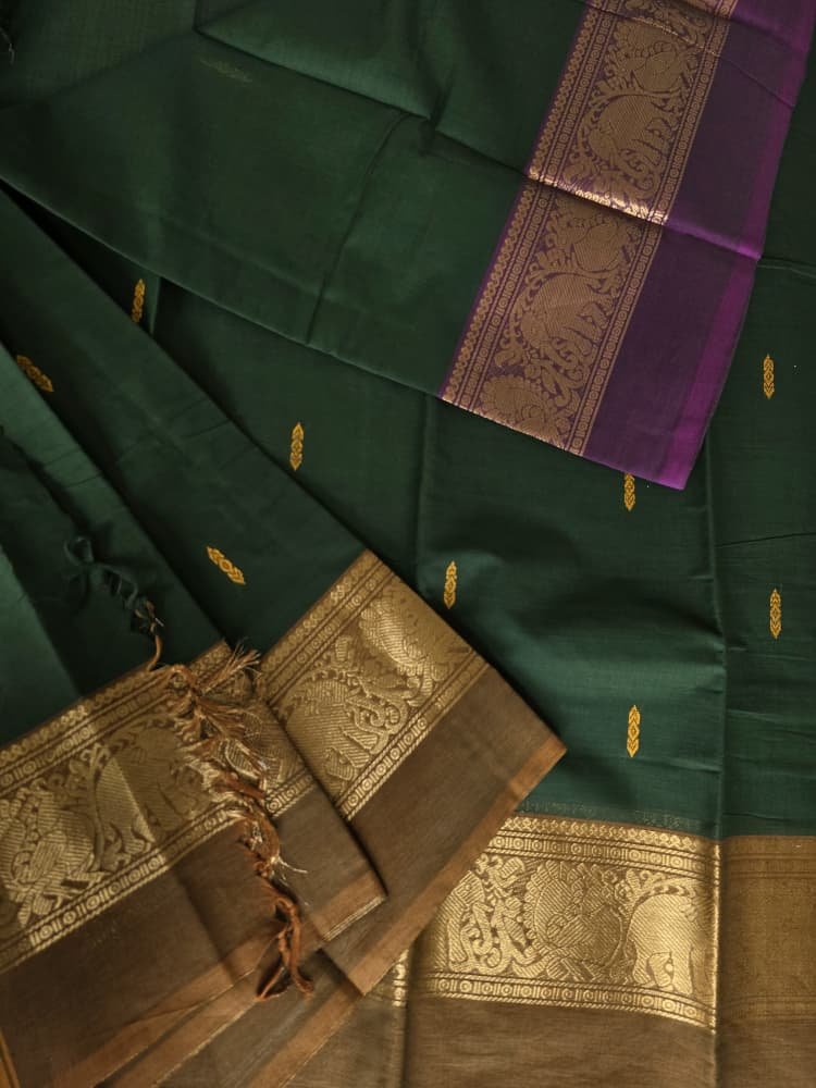 Chettinad Cotton Saree in Green with Purple & Bronze Border | Elephant & Peacock Motifs