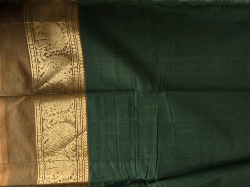 Chettinad Cotton Saree in Green with Purple & Bronze Border | Elephant & Peacock Motifs - Image 2