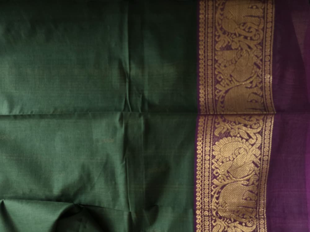 Chettinad Cotton Saree in Green with Purple & Bronze Border | Elephant & Peacock Motifs - Image 3