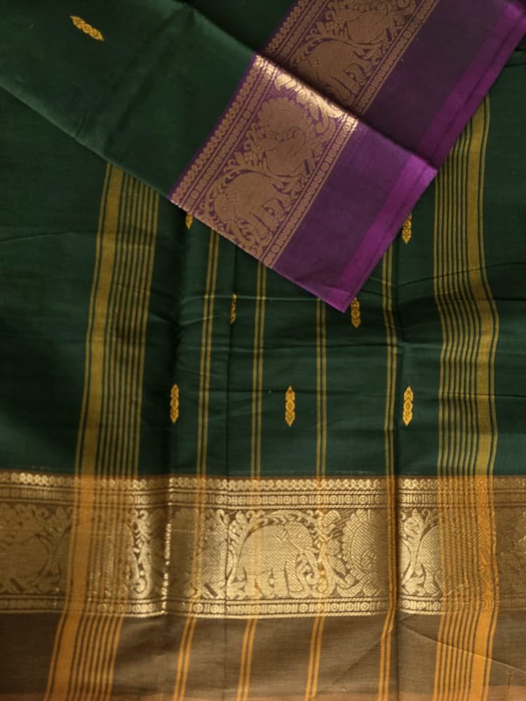 Chettinad Cotton Saree in Green with Purple & Bronze Border | Elephant & Peacock Motifs - Image 4