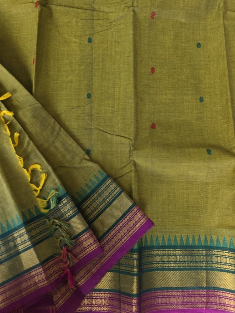 Chettinad Cotton Saree in Olive with Teal Border | Gopuram Motifs