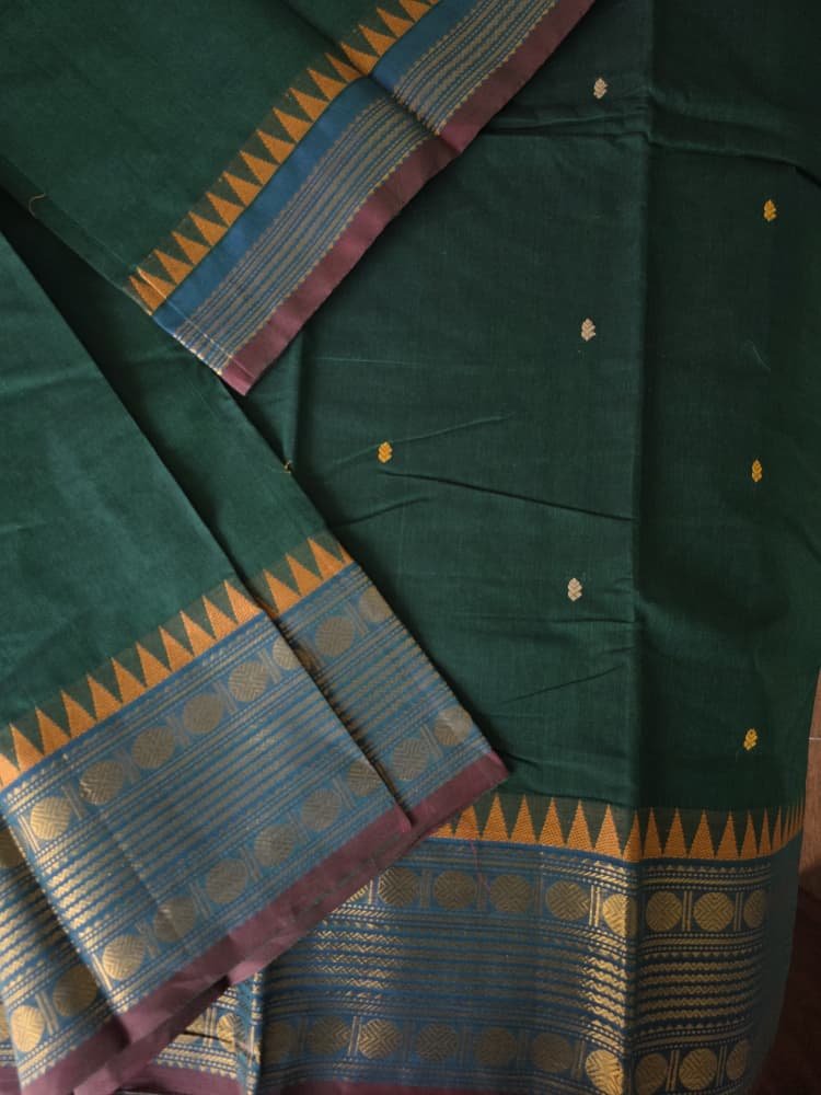 Chettinad Cotton Saree in Green with Blue Border | Ruthratcham & Gopuram Motifs