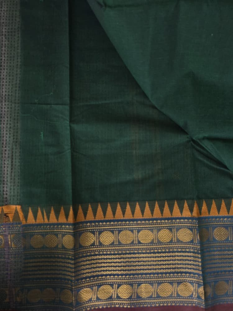 Chettinad Cotton Saree in Green with Blue Border | Ruthratcham & Gopuram Motifs - Image 3