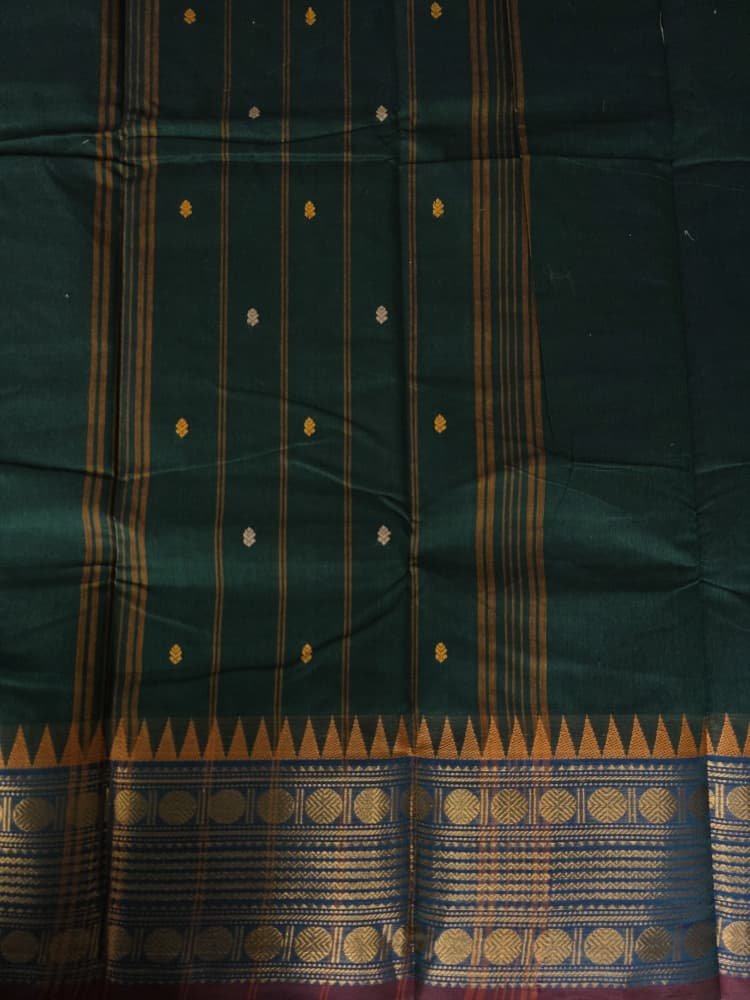Chettinad Cotton Saree in Green with Blue Border | Ruthratcham & Gopuram Motifs - Image 2
