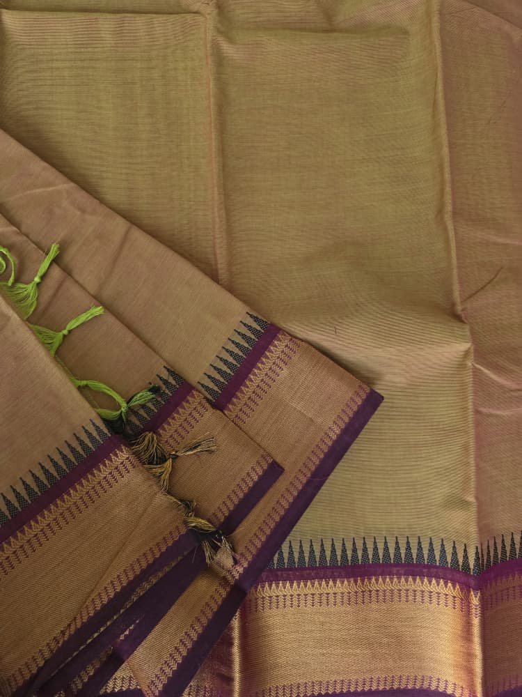 Chettinad Cotton Saree in Gold with Wine Border | Gopuram Motifs