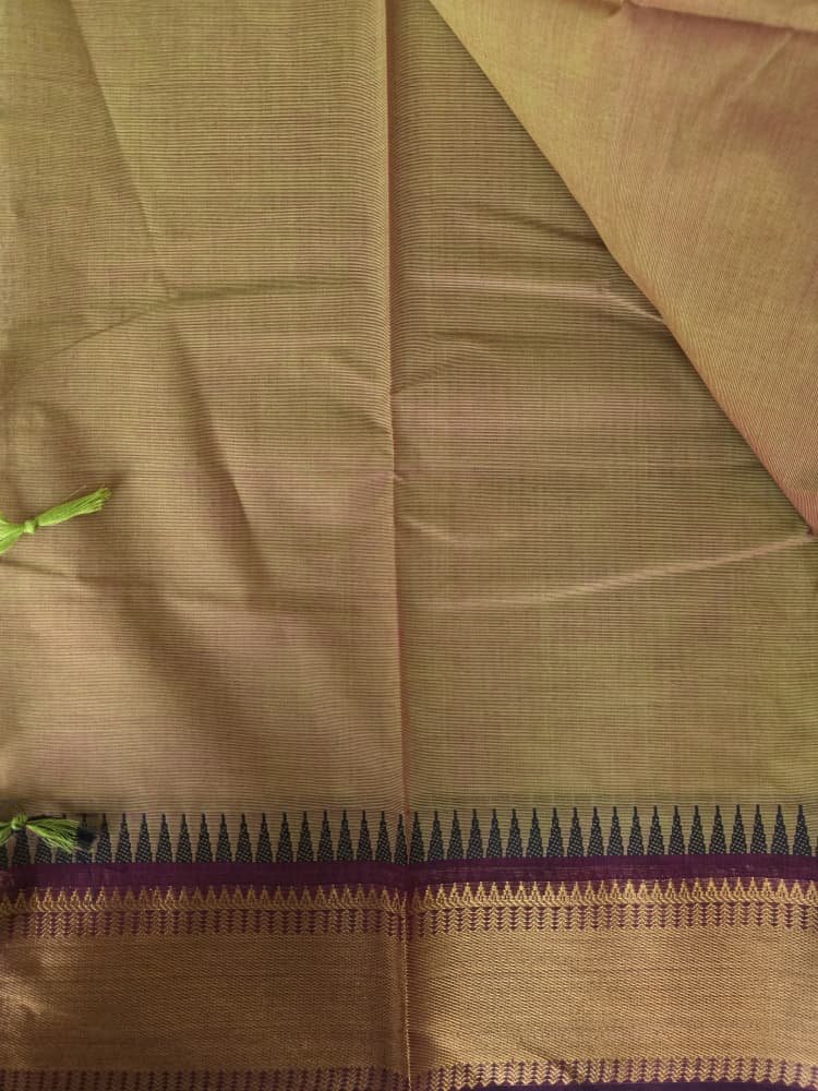 Chettinad Cotton Saree in Gold with Wine Border | Gopuram Motifs - Image 3