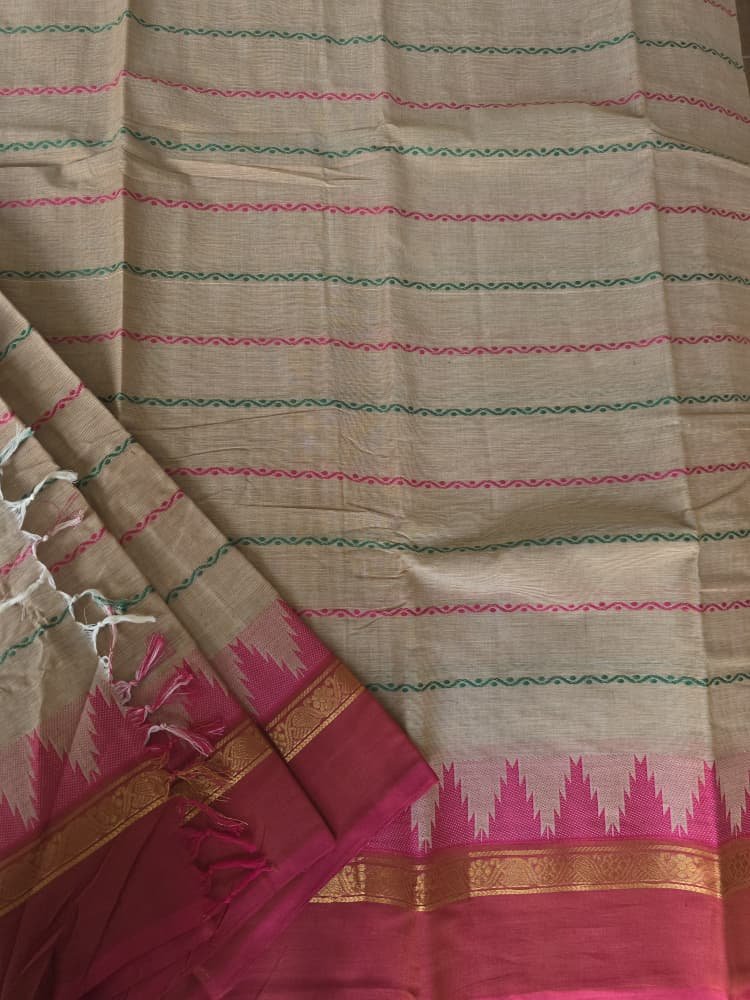 Chettinad Cotton Saree in Cream with Magenta Border | Gopuram Motifs