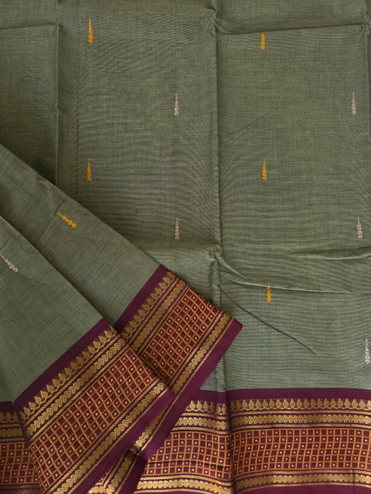 Chettinad Cotton Saree in Sage Green with Plum Border | Kalka Motifs