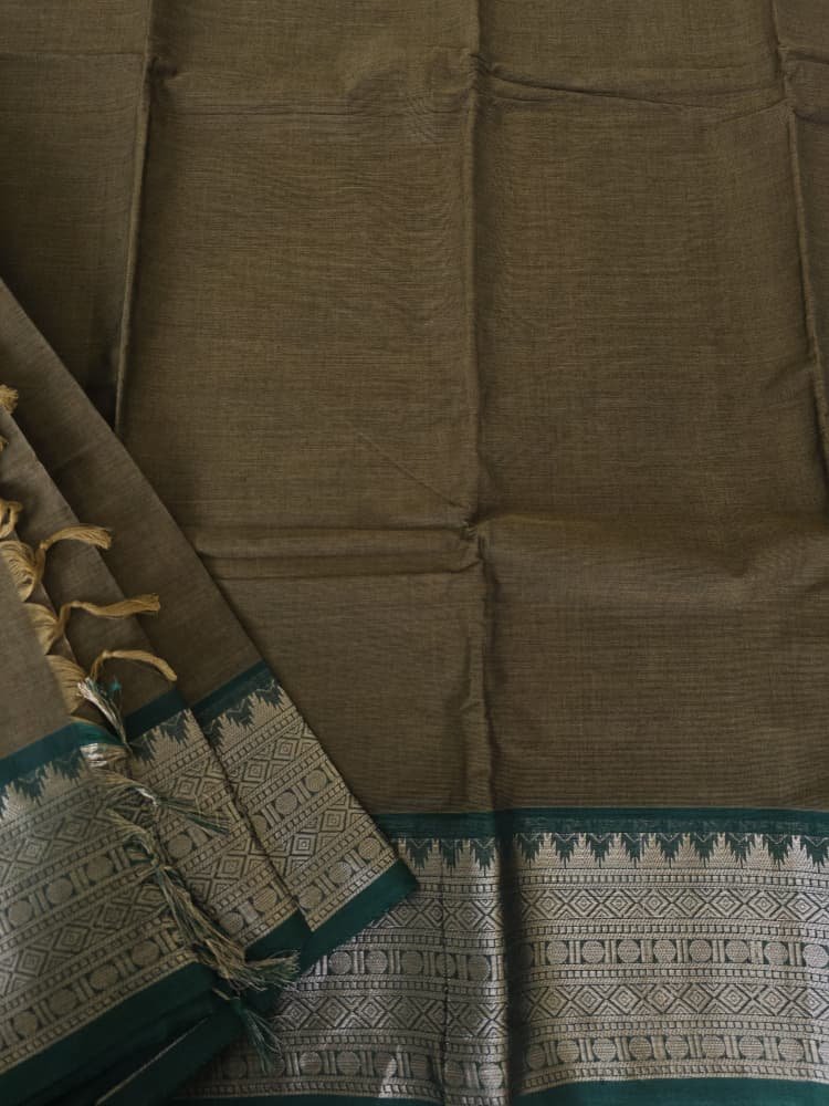 Chettinad Cotton Saree in Olive Brown with Green Border | Gopuram Motifs