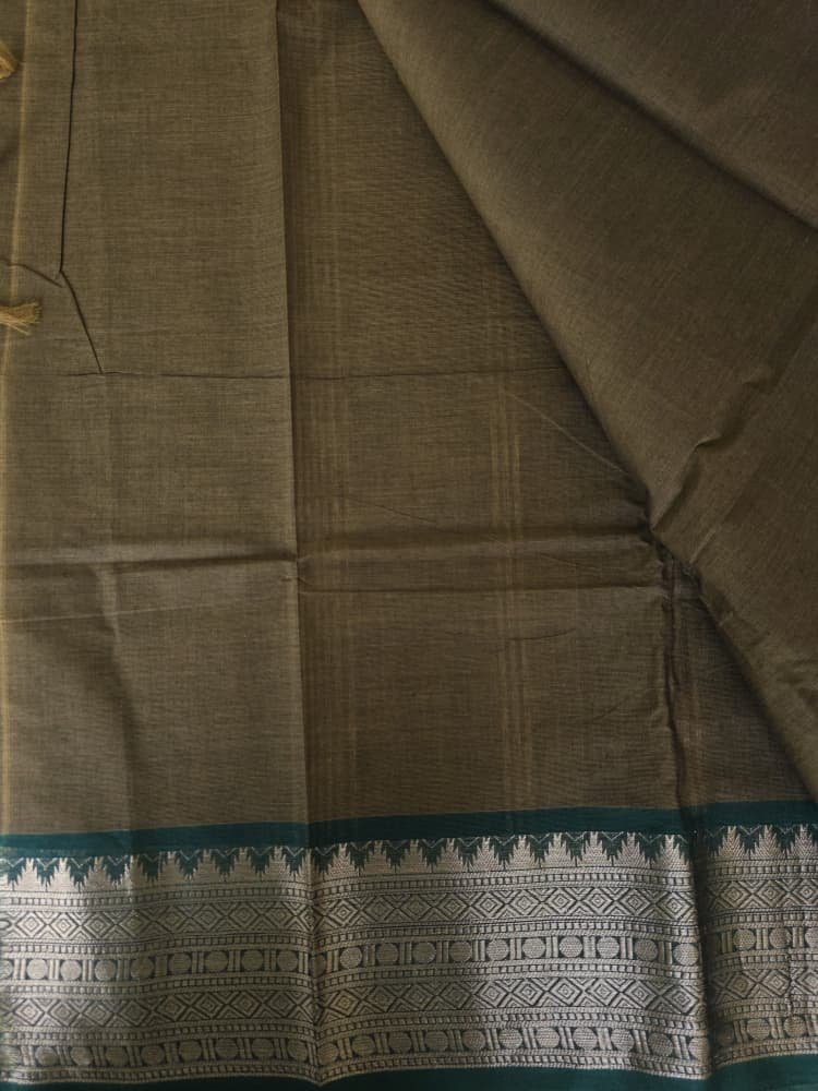 Chettinad Cotton Saree in Olive Brown with Green Border | Gopuram Motifs - Image 3