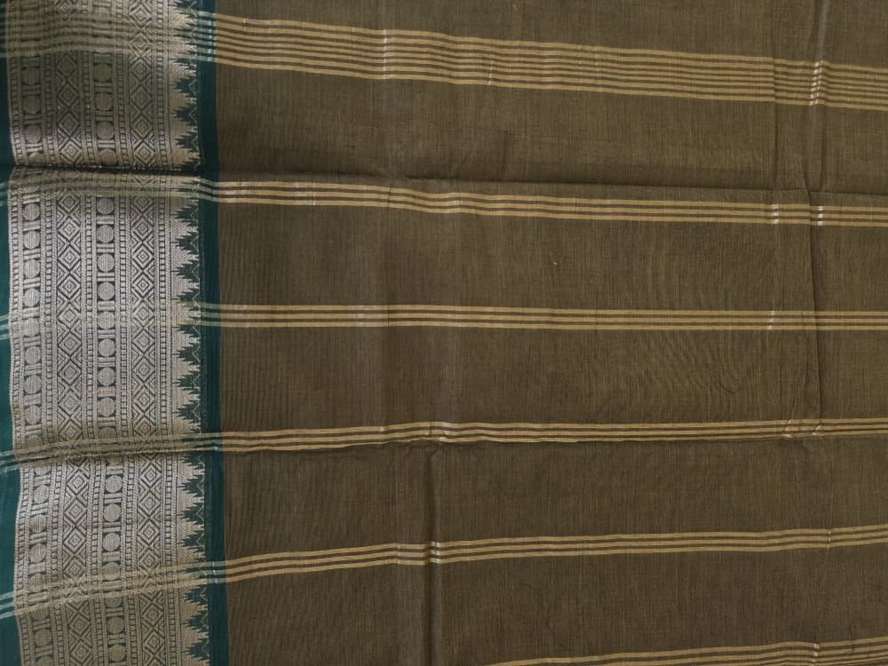 Chettinad Cotton Saree in Olive Brown with Green Border | Gopuram Motifs - Image 2