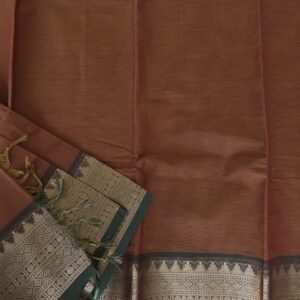 Chettinad Cotton Saree in Terracotta with Green Border | Gopuram Motifs